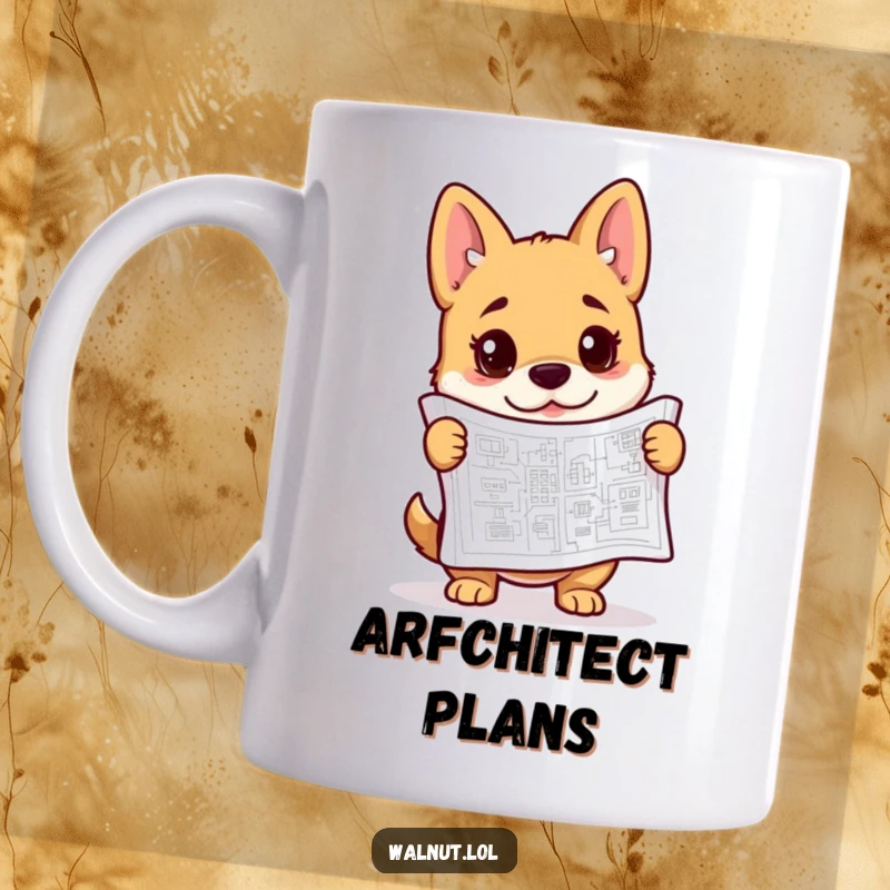 Funny blueprint dog mug with a curious dog intently studying a complex architectural diagram, showcasing intelligence and humor.