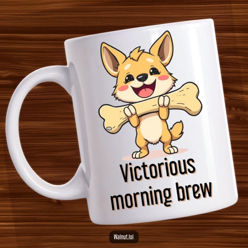Funny Mug showing a happy wild dog triumphantly carrying a giant bone, proud of its massive score.