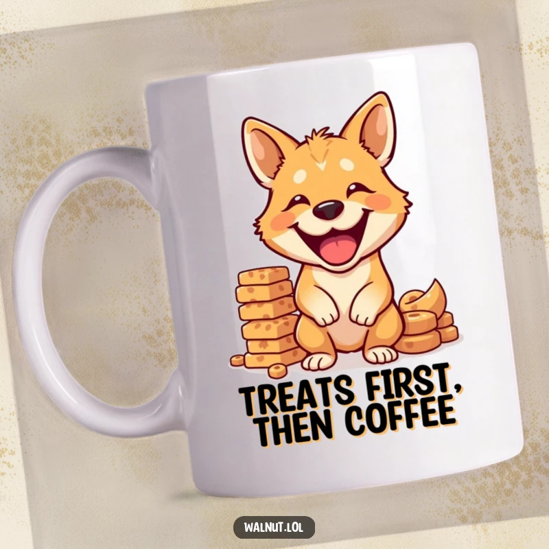 Funny dog mug showing a happy wild dog grinning while perfectly balancing a tall stack of dog treats.