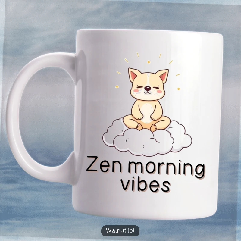 Funny dog mug showing a dog meditating peacefully on a cloud, perfect for serene humor.