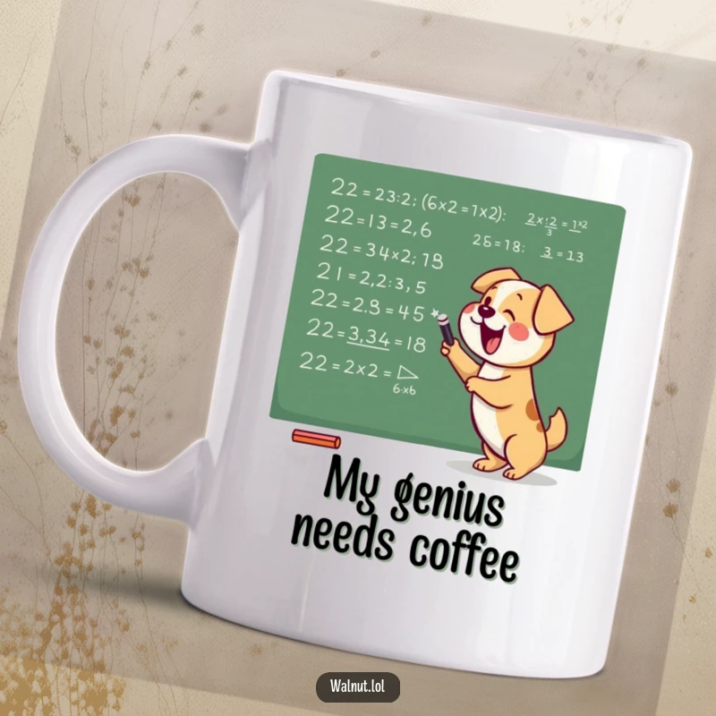 Funny mug with a smart dog excitedly scribbling math equations on a chalkboard, showcasing brilliant but humorous academic effort.