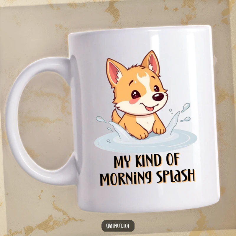 Funny dog mug portraying a happy wild dog gleefully splashing water in a muddy puddle, capturing pure canine joy.