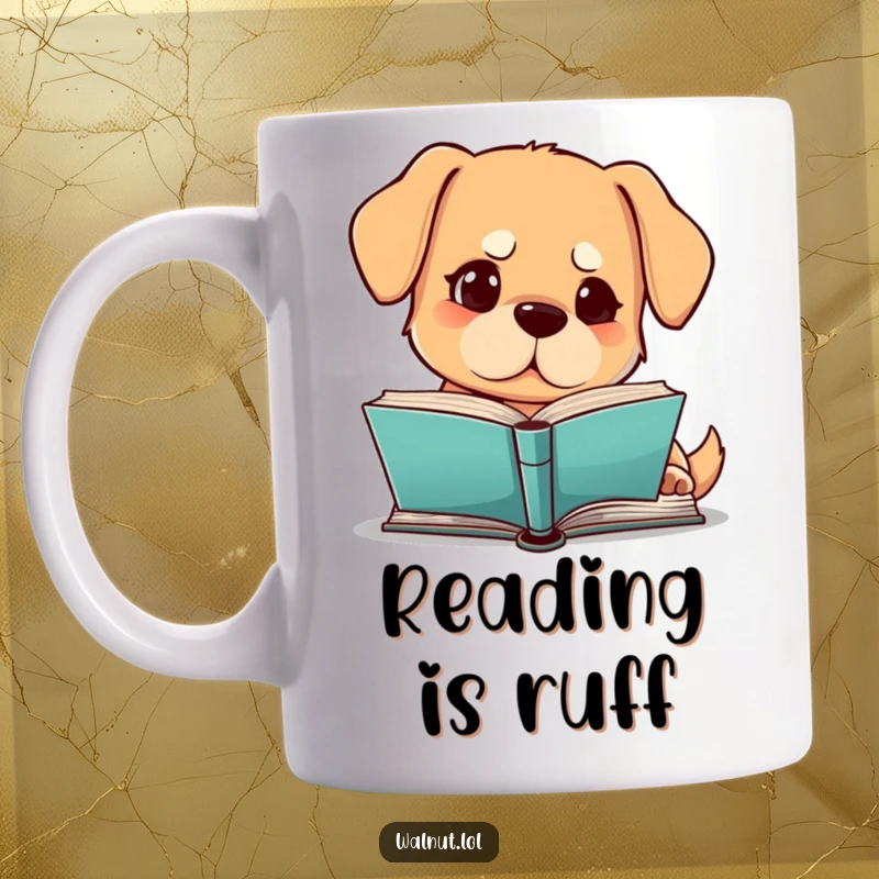 Funny dog mug with a dog staring intently at a book with a furrowed brow, looking studious, perfect gift.