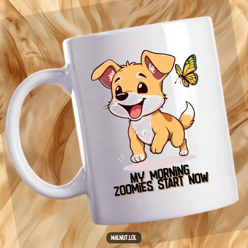 Funny dog mug showing a happy wild dog with floppy ears enthusiastically chasing a colorful butterfly in a meadow.