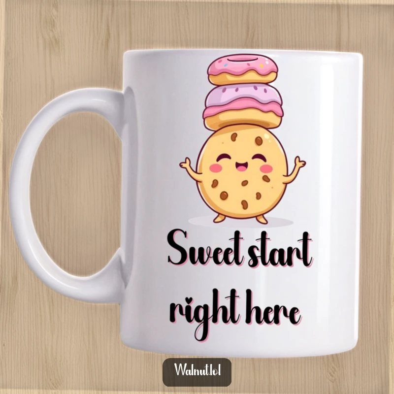 Funny giggling cookie character, balancing donuts on head, sweet treat humor, dessert lover gift, happy food.