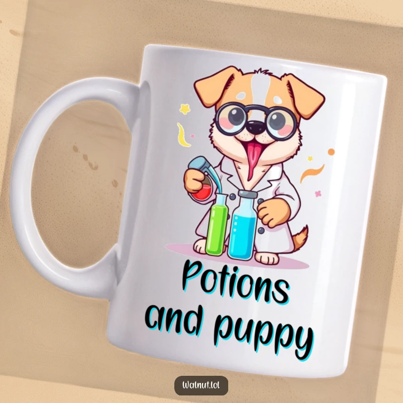 Funny lab coat dog mug with a dog in a white coat mixing vibrant liquids, looking like a cheerful mad scientist.