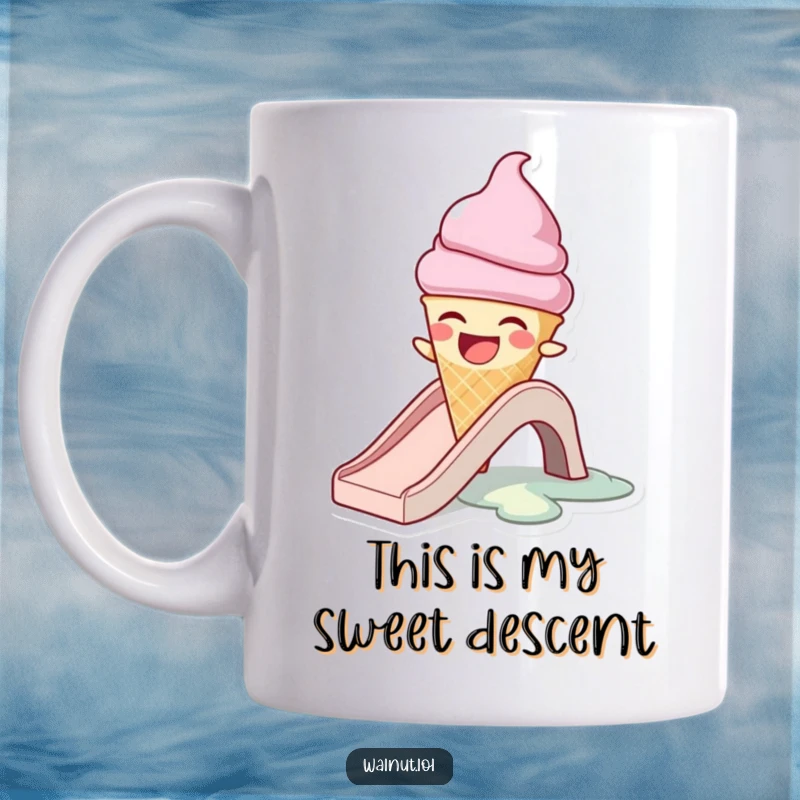Funny mug showing a laughing, melting ice cream cone sliding down a hot slide, representing summer fun and heat.
