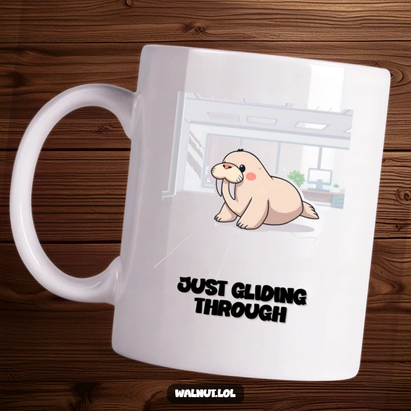 Funny mug featuring a walrus hilariously sliding across a sleek, polished office floor, embodying office antics and unexpected fun.