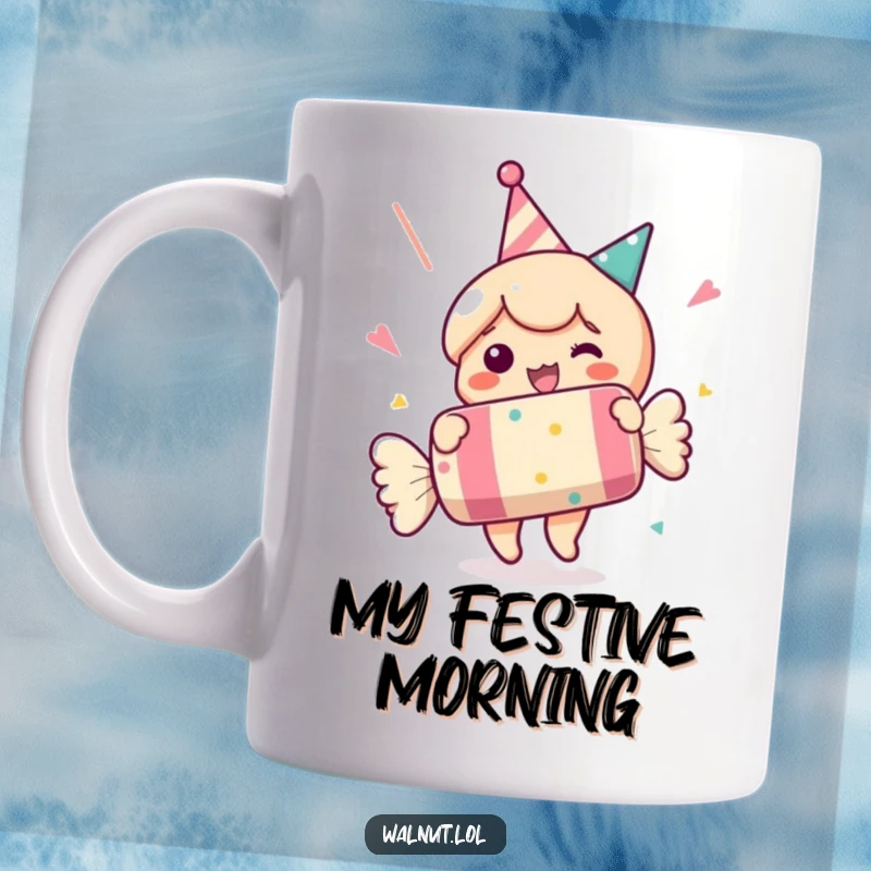Funny mug of a character happily popping an oversized party cracker. Ideal funny gift for party lovers.