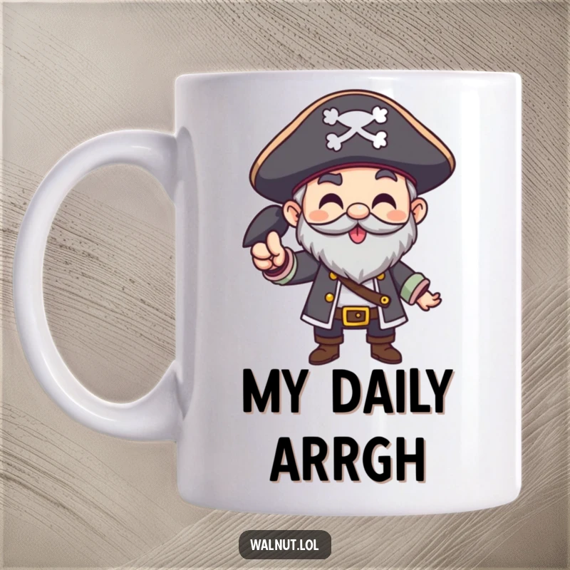 Funny Pirate Mug featuring a character giving a hearty Arrgh! gesture, embodying a bold and enthusiastic pirate spirit.