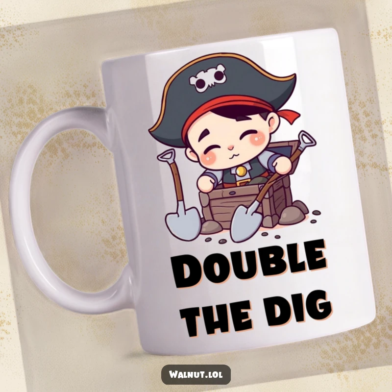 Funny Pirate Digging Mug: Energetic pirate character enthusiastically digs for treasure with two shovels, anticipating a grand discovery.