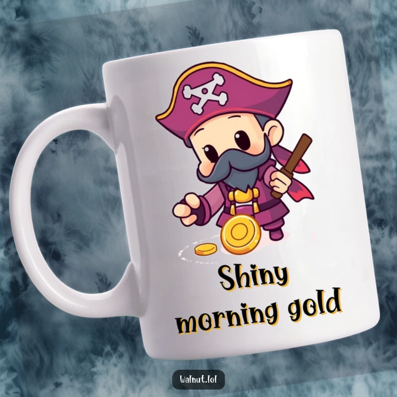 Funny Pirate Mug featuring a character finding a shiny gold coin, embodying the thrill of discovery and good fortune.