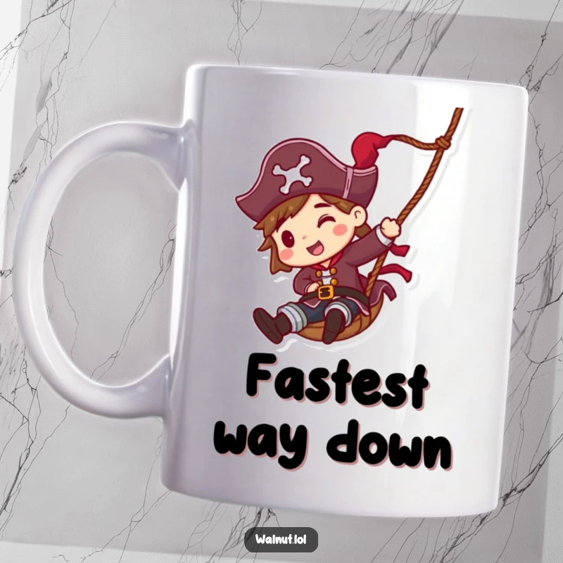 Funny Pirate Rope Slide Mug: Dynamic pirate character in mid-air, swiftly sliding down a rope with excitement and adventurous flair.