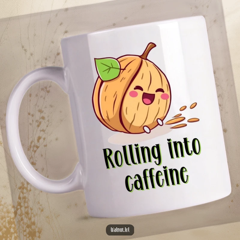 Funny coffee mug showing a walnut character comically rolling downhill, leaving a trail of giggles behind.