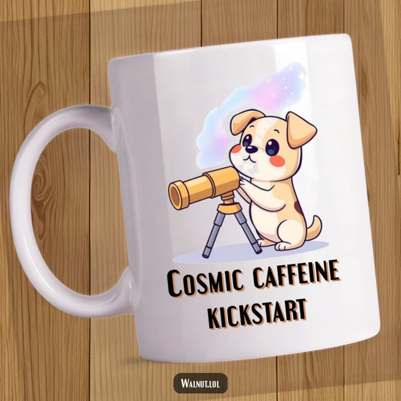 Funny mug showing a curious dog peering through a telescope at a vibrant galaxy, celebrating space exploration and canine wonder.