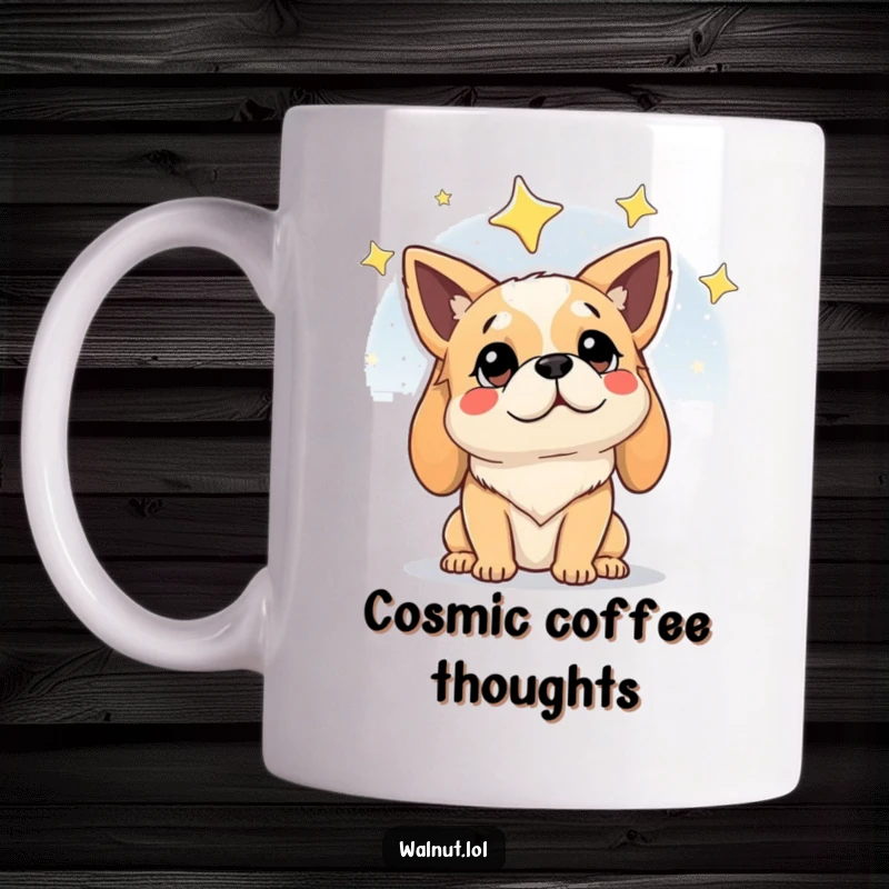 Funny mug with a dog looking up at the stars with a wise, contemplative expression, embodying cosmic wonder.