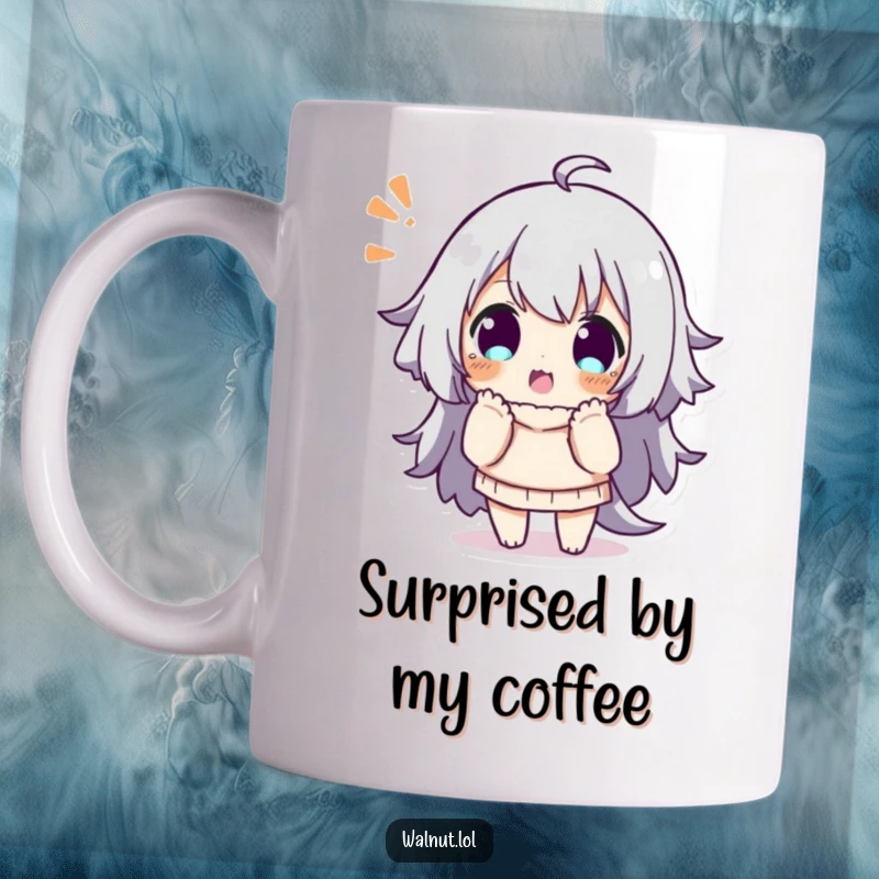 Funny mug showing a character striking a playful, surprised pose, embodying delightful astonishment and humor.