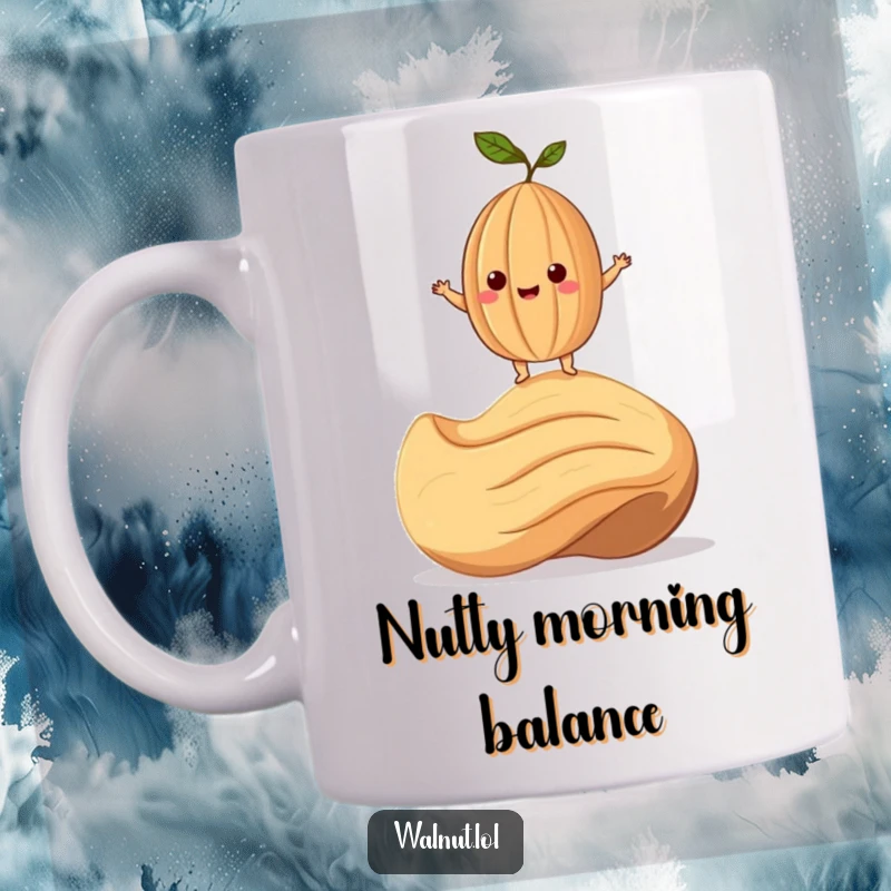 Funny Mug featuring a smiling walnut character balancing precariously on a giant cashew, showcasing nutty humor.