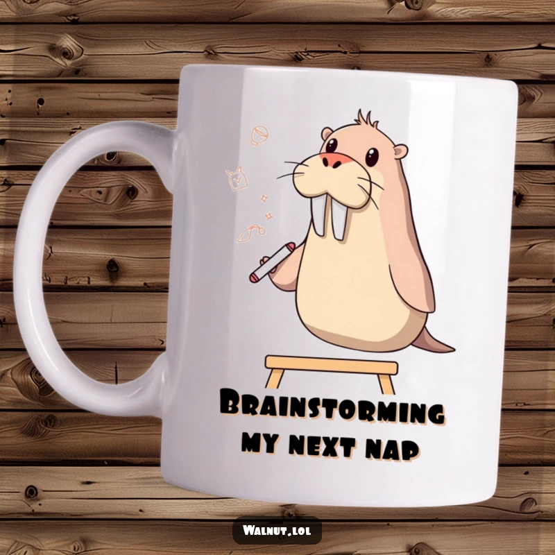 Funny walrus character artistically sketching brilliant ideas on a whiteboard with its flipper, looking inspired and comical.