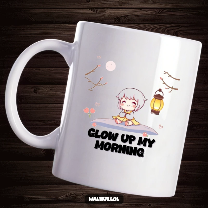 Funny mug depicting a joyful character sitting peacefully beside a brightly twinkling lantern, exuding warmth and contentment.