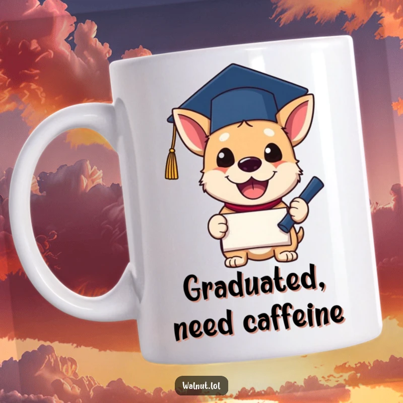 Funny Mug featuring a dog wearing a graduation cap, excitedly holding a diploma. Expresses pride and accomplishment.
