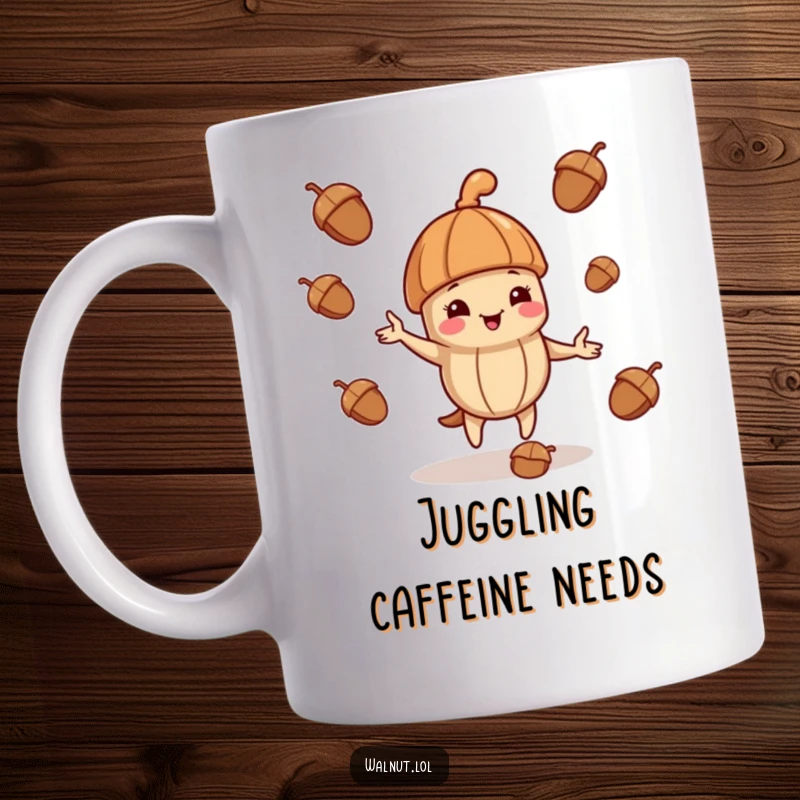 Funny coffee mug with a walnut wearing a jaunty cap, playfully juggling acorns with a smile.