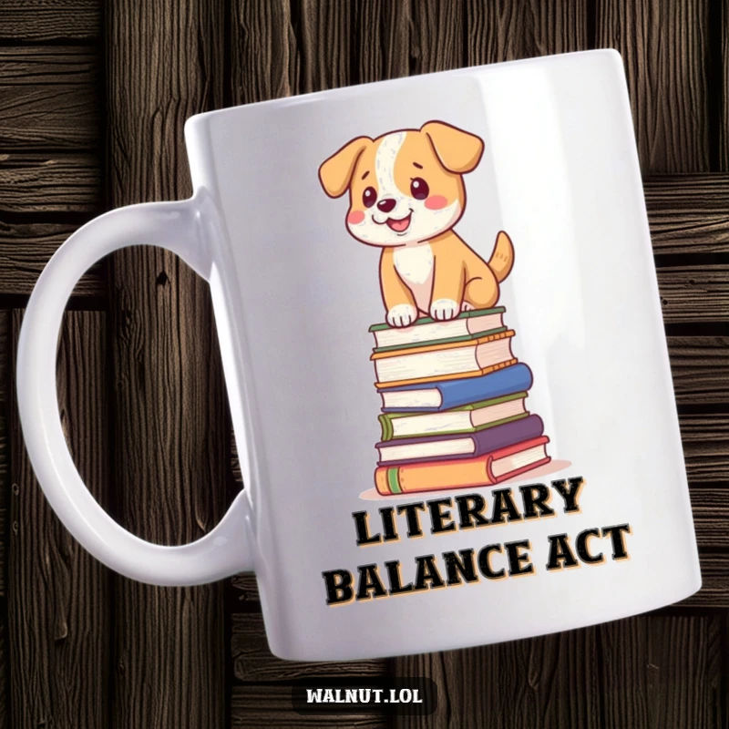 Funny dog mug featuring a dog balancing on a tilted stack of books, a humorous gift idea.