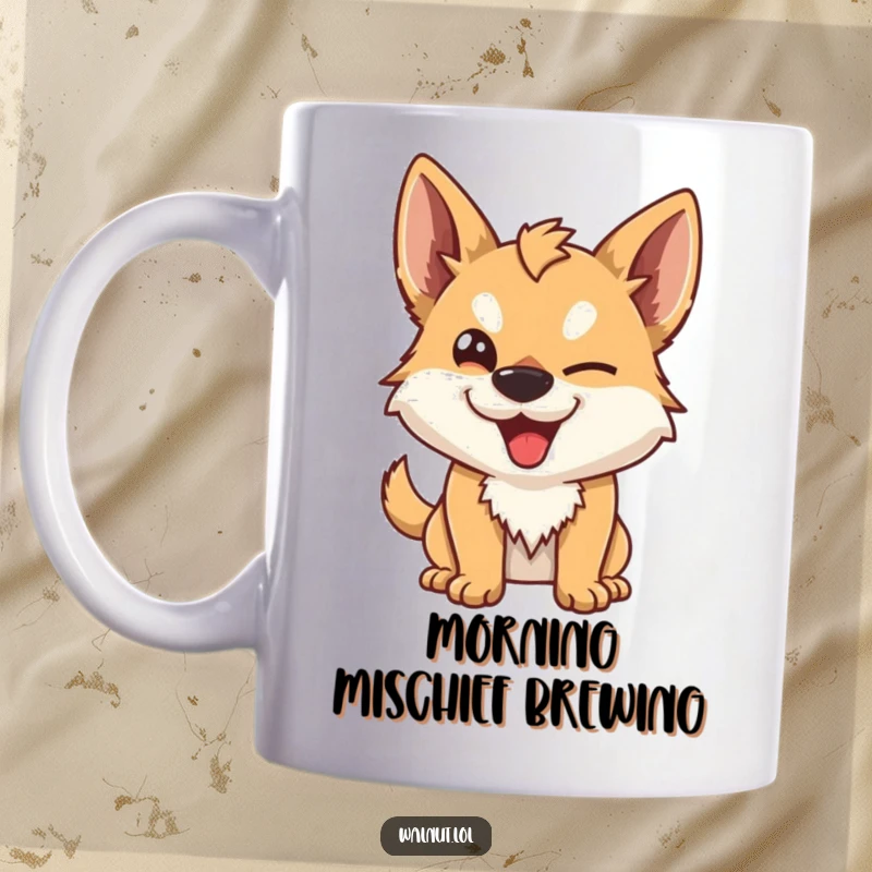 Funny Mug featuring a wild dog with a naughty, mischievous wink. Captures a playful and cunning personality.