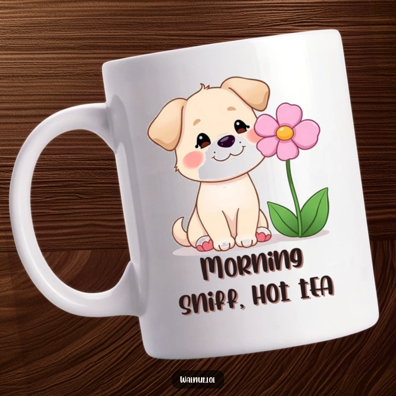 Funny mug featuring a serene dog smiling at a flower, embodying peace, nature, and gentle humor.