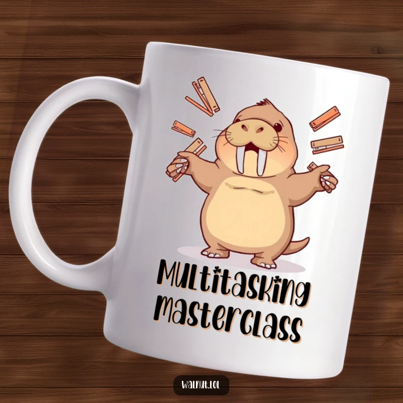 Funny mug showcasing a walrus skillfully juggling multiple staplers with a playful expression, embodying office fun and chaos.