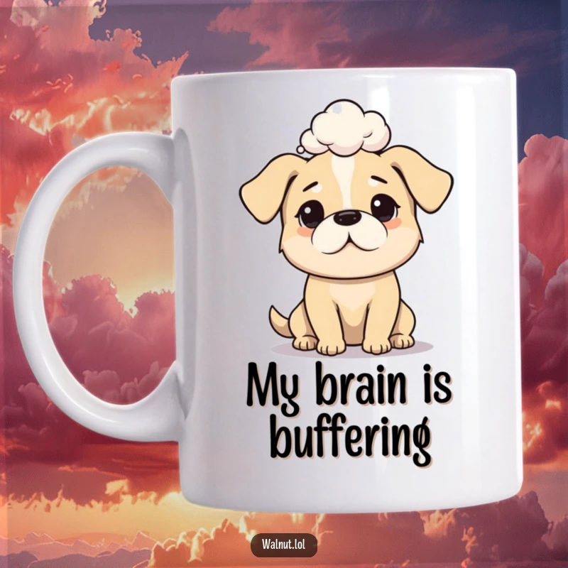 Funny dog mug featuring a thoughtful dog with a bubble of profound thought, perfect for coffee lovers.