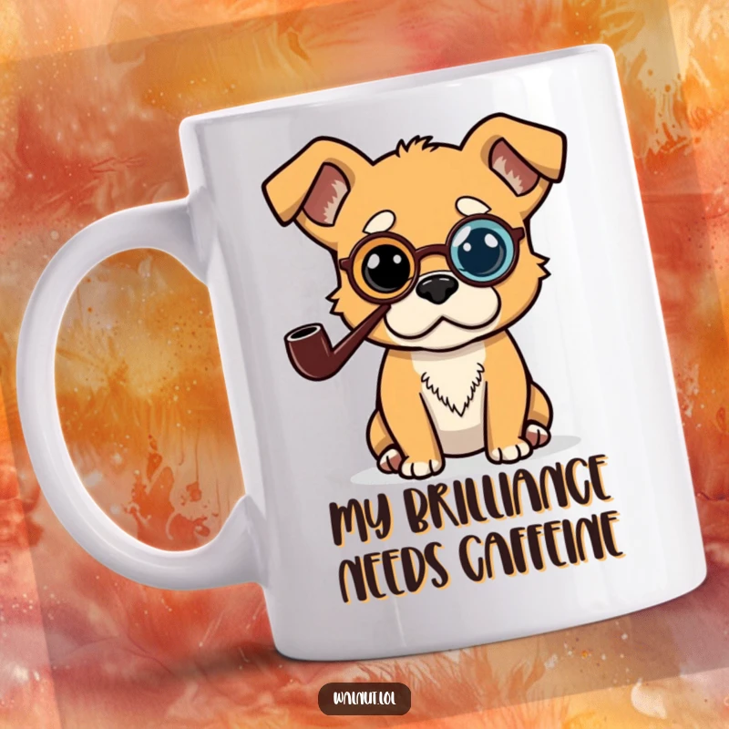 Funny mug featuring a distinguished dog wearing a monocle and smoking a pipe, looking extremely thoughtful and intelligent.
