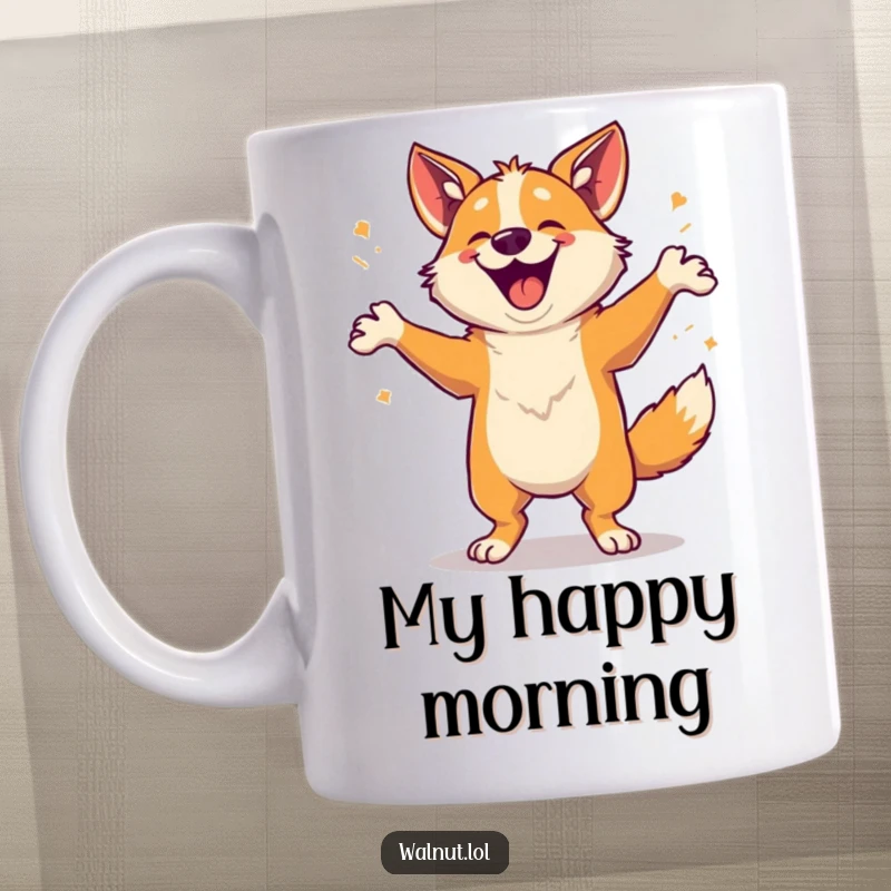 Funny Mug showing a wild dog doing an energetic and extremely happy dance, full of pure, unadulterated glee.