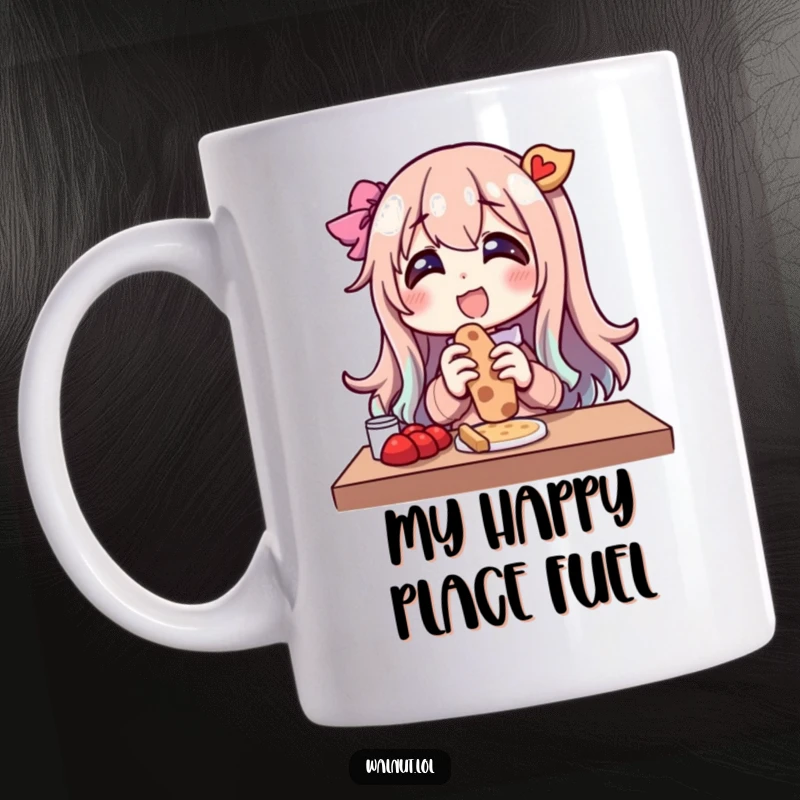 Funny mug of a character delighting in an outdoor snack with pure glee, embodying carefree joy and delicious moments.