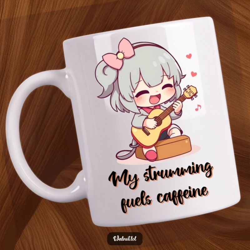 Funny mug showcasing a cute character joyfully playing a small guitar, bringing smiles and musical vibes to any coffee break.
