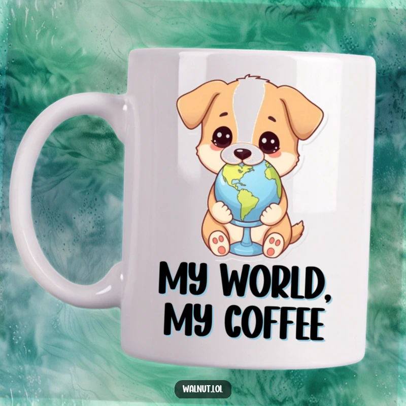 Funny mug with a dog holding a tiny globe with a thoughtful, wise expression, representing global awareness.