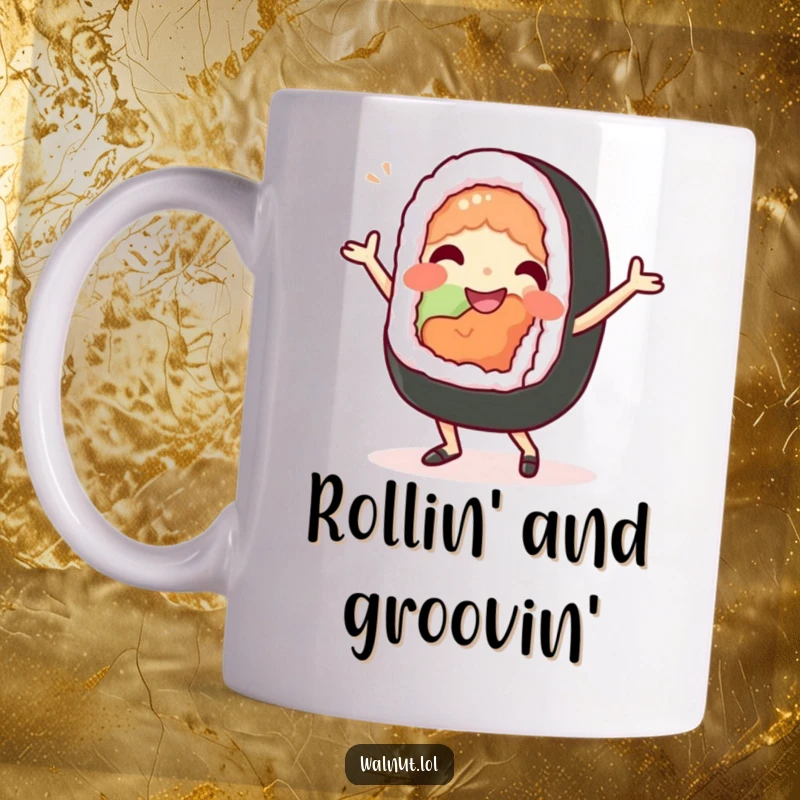 Funny Mug: A beaming sushi roll enthusiastically performs a silly dance, radiating delicious fun and playful energy.