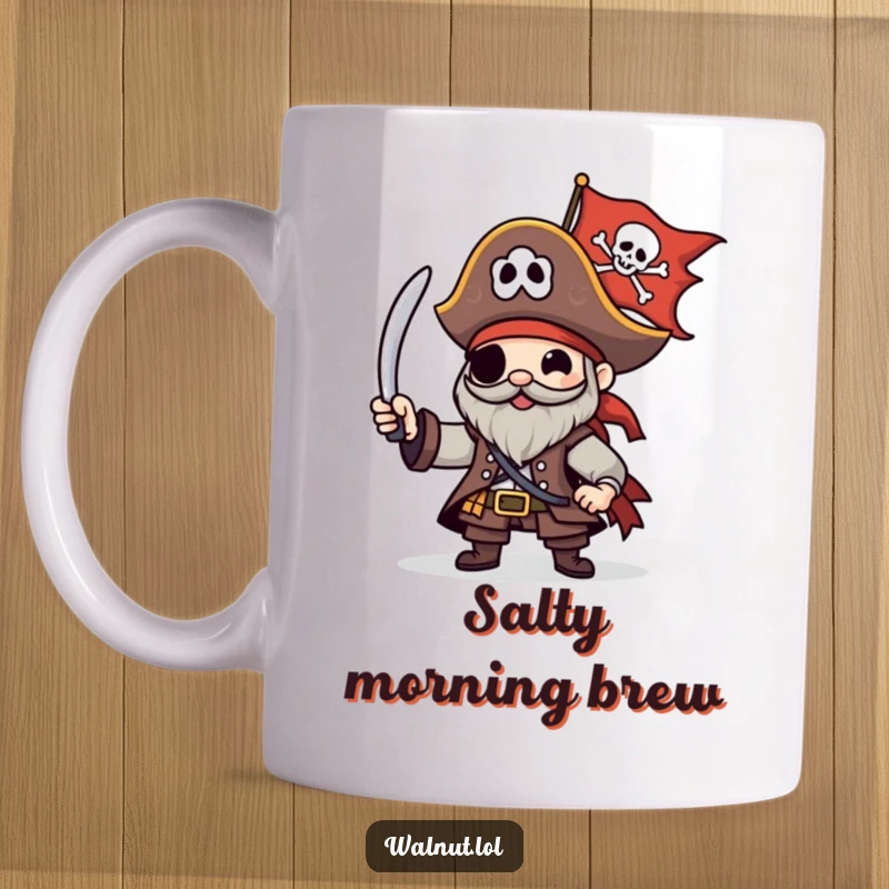 Funny Pirate Mug with a character happily waving a Jolly Roger flag, embodying a cheerful and adventurous spirit of the sea.