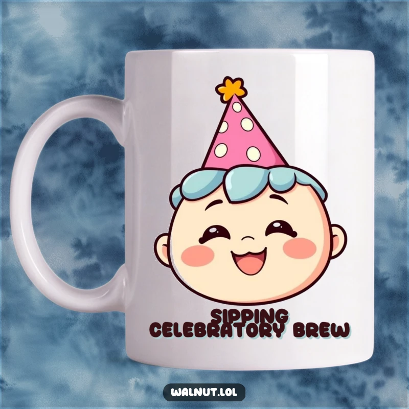Funny mug showing a character wearing a party hat with a silly grin, embodying pure celebration and joy.