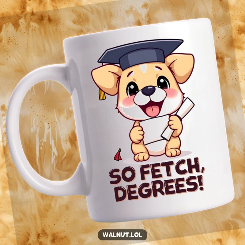 Funny dog graduation mug featuring a happy dog in a cap, clutching a diploma, celebrating academic success with excitement.
