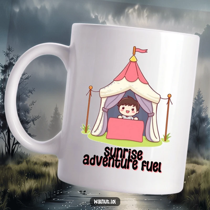 Funny Mug showing a cute character cheerfully setting up a colorful tent, radiating excitement for adventure.