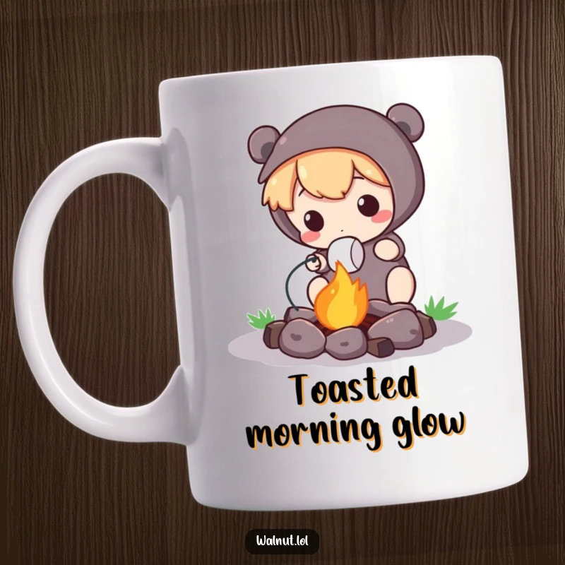 Funny Mug showing a cute character roasting a marshmallow over a tiny, glowing campfire, radiating cozy vibes.