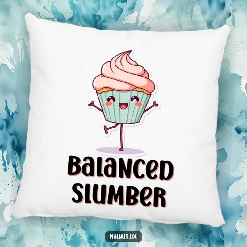 Funny Pillow: A cheerful cupcake balances on one leg, providing cozy comfort and a dose of sweet, humorous delight.