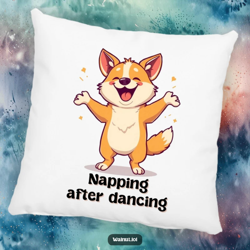 Funny Pillow featuring a happy dog doing a dance, perfect for cozying up and spreading cheerful vibes.