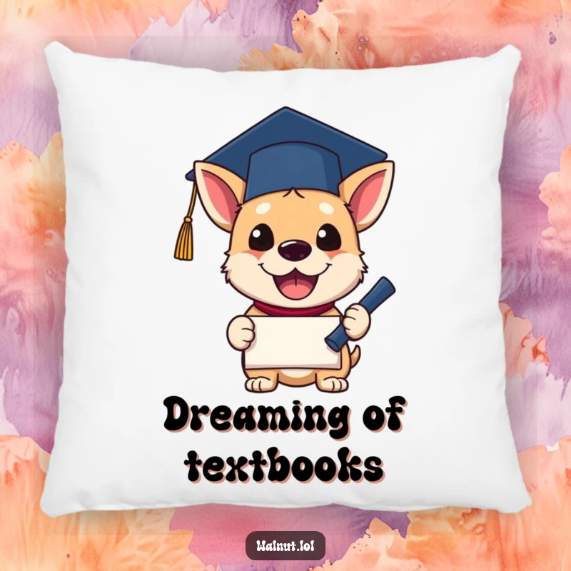 Funny Pillow with a proud dog in a graduation cap, excitedly holding a diploma. A soft and humorous decorative accent.