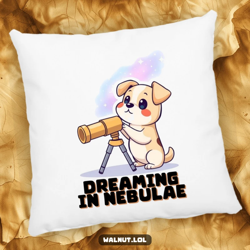 Funny pillow featuring a dog equipped with a telescope gazing at a distant galaxy, adding a humorous cosmic touch to decor.