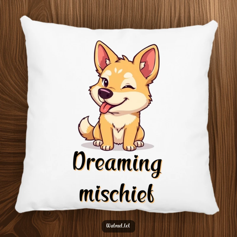 Funny dog pillow featuring a wild dog giving a mischievous wink, adding a touch of playful charm and comfort.