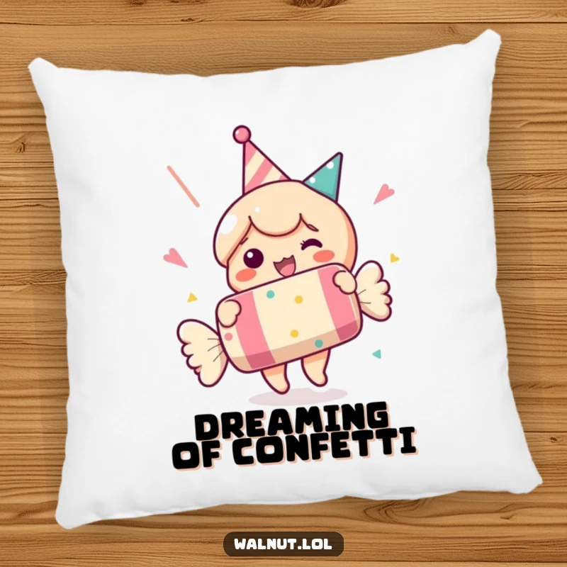 Funny pillow featuring a character popping a party cracker. Comfortable and humorous festive decor. Great gift.