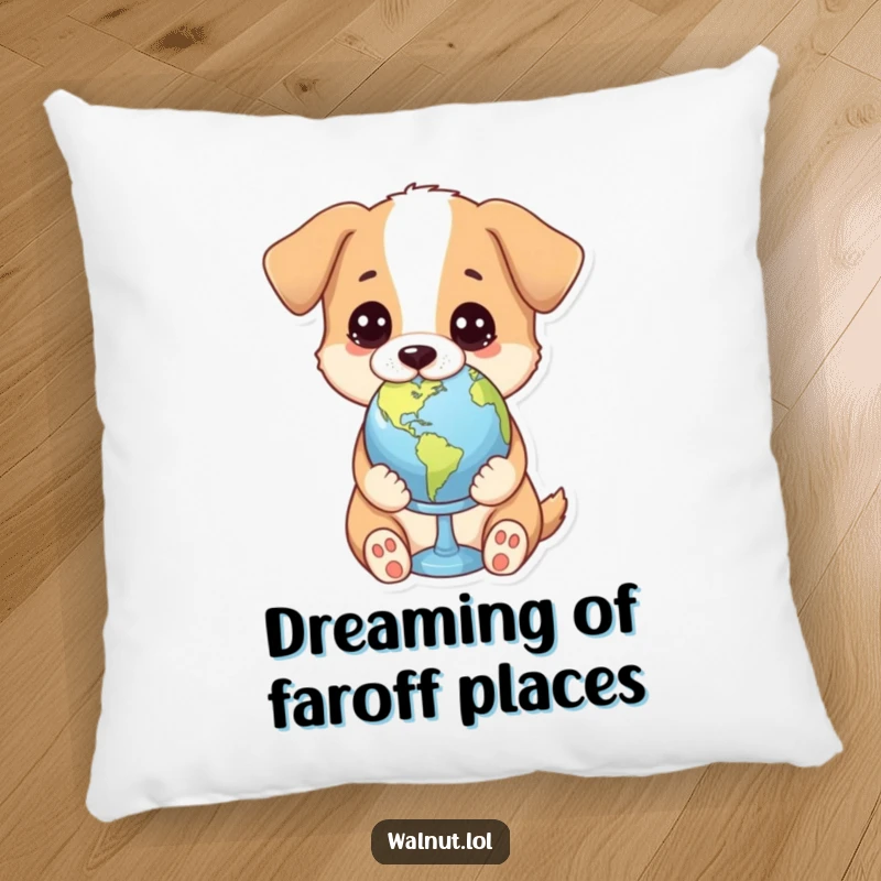 Funny pillow with a dog holding a tiny globe with a thoughtful gaze, perfect for cozying up and contemplating the world.