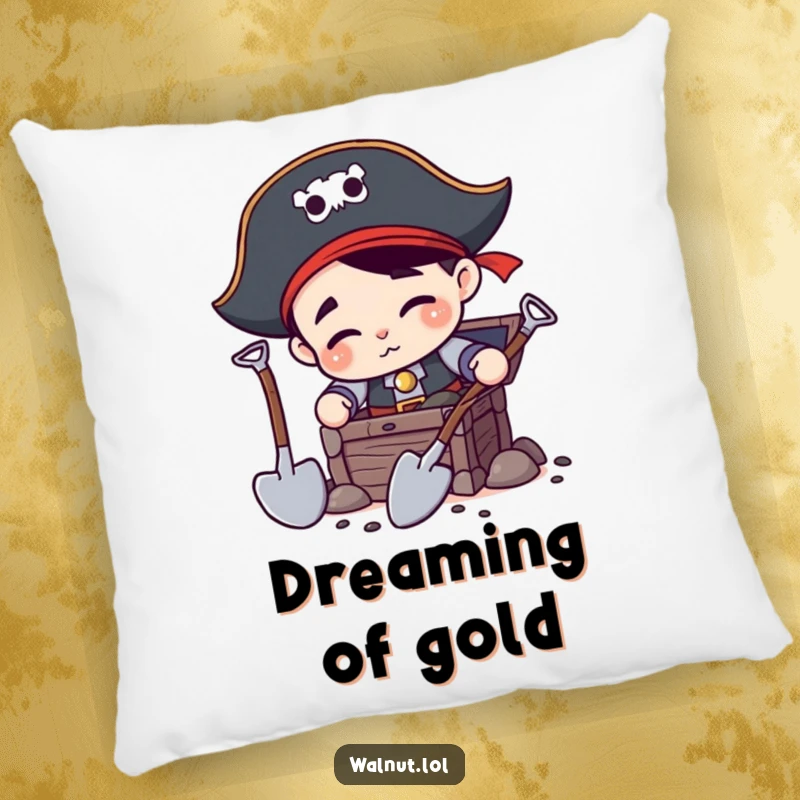 Funny Pirate Digging Pillow: Cozy pirate character with two shovels, dreaming of treasure, providing a soft and humorous touch to any room.